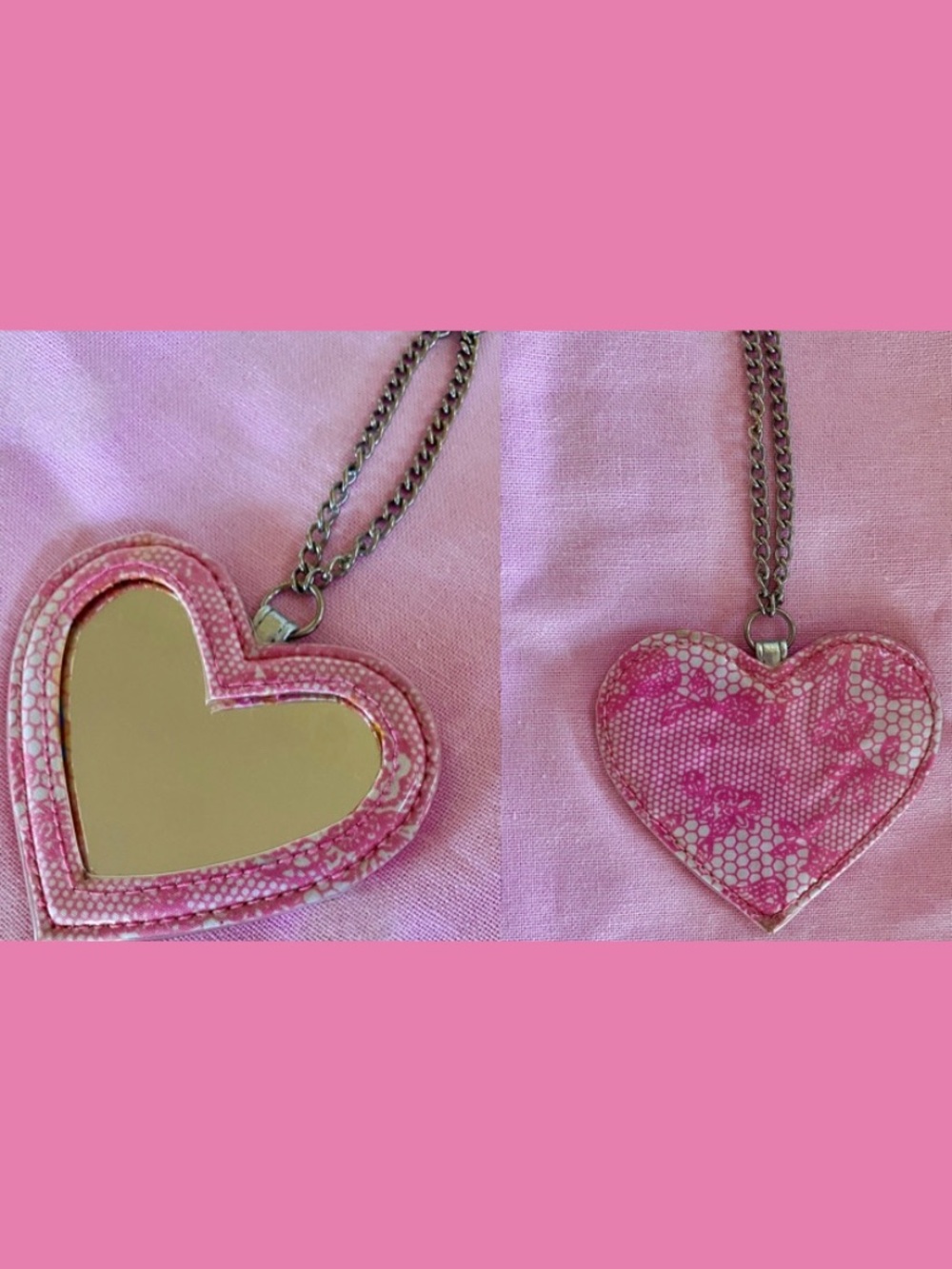 Betsey Johnson Pink Heart Shape Mirror Lace Print Purse Bag Chain Charm White